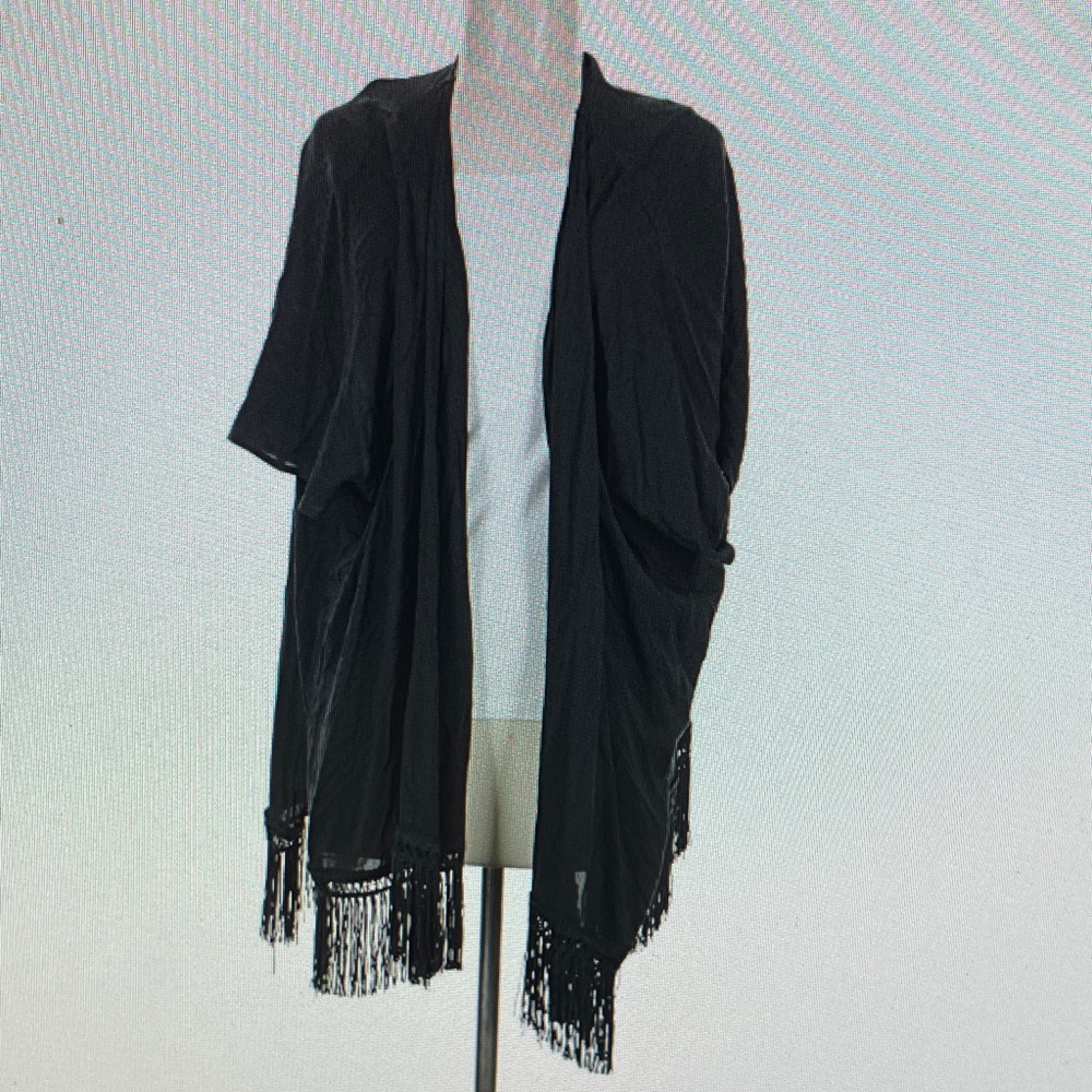 Victoria’s Secret Black Fringe Kimono Cardigan – Boho Festival Beach Cover‑Up